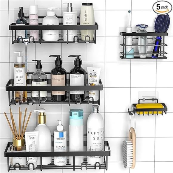 5 Pack Shower Caddy Shelf Organizers Rack, Self Adhesive Black Bathroom Storage - Picture 1 of 8